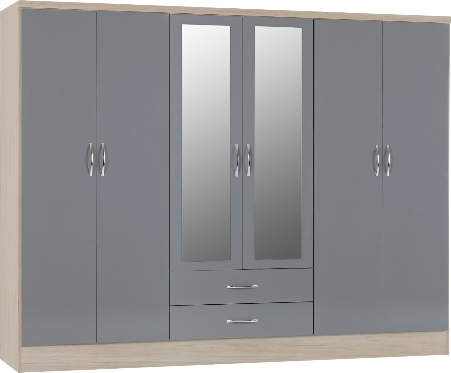 Wardrobe - NEWBIGGIN 6 Door Mirrored Wardrobe Grey Gloss with Light Oak 230cm - Budget Deals