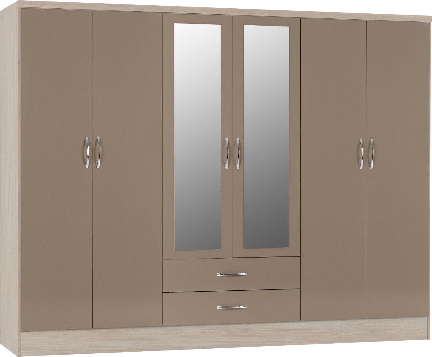Wardrobe - NEWBIGGIN 6 Door Mirrored Wardrobe Oyster Gloss with Light Oak 230cm - Budget Deals