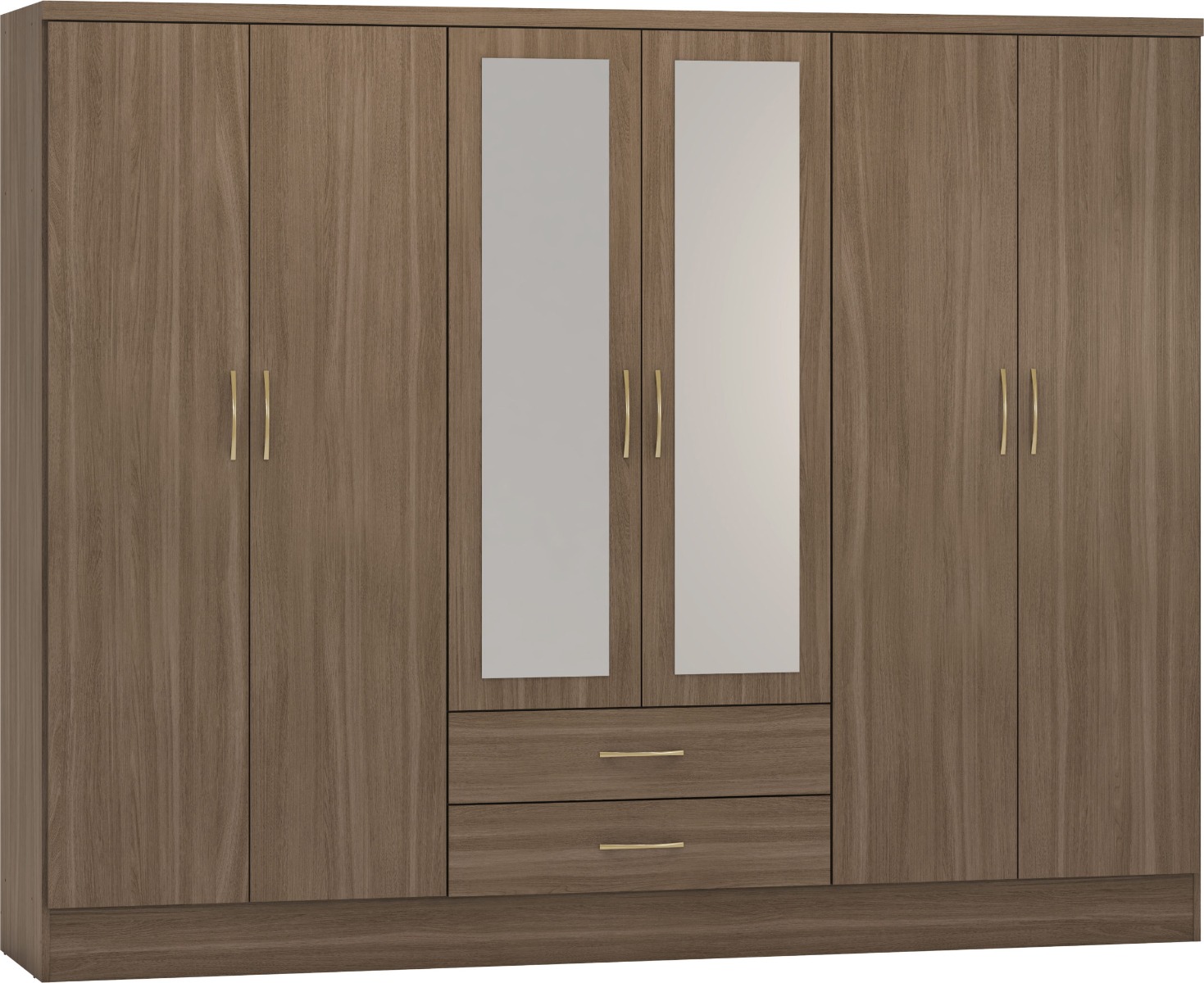 Wardrobe - NEWBIGGIN 6 Door Mirrored Wardrobe Rustic Oak Effect 230cm - Budget Deals