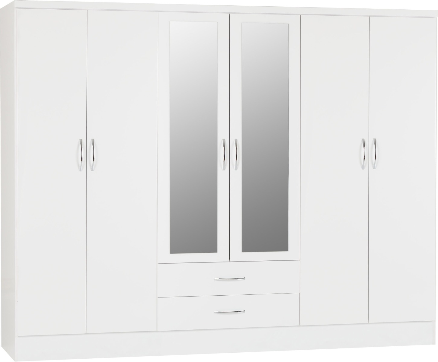 Wardrobe - NEWBIGGIN 6 Door Mirrored Wardrobe White Gloss 230cm - Budget Deals