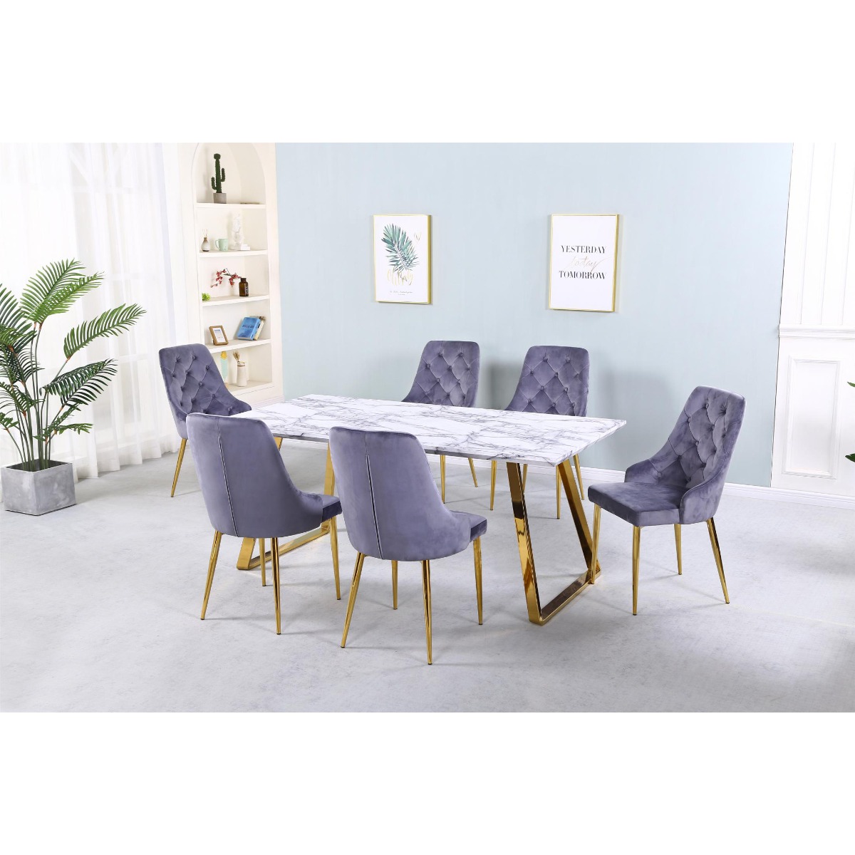 Luxurious Seating Ottawa Set of 4 Light Grey Velvet Dining Chairs - Gold Chrome Legs - Sigrid Mills