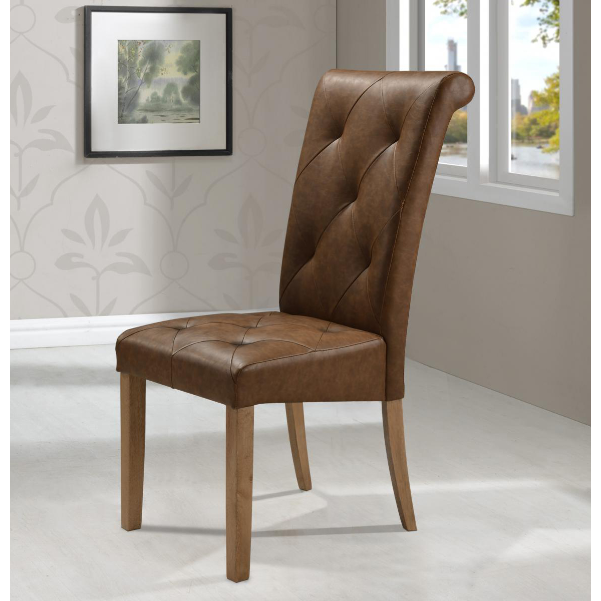 Coronado Set of 2 High-Back Dining Chairs Brown Leather Elegance in Two-Tone Light Oak - Sigrid Mills