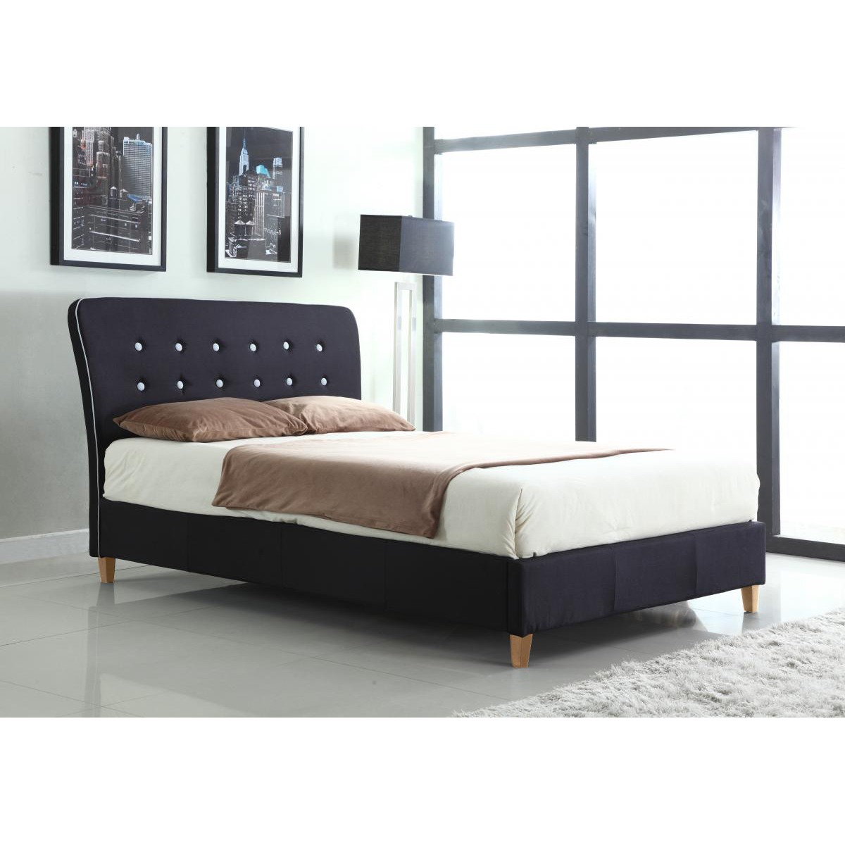 Luxurious Nina Linen Fabric Bed Frame Double Bed Black with White Piping - Sigrid Mills