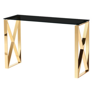 Modern Mishawaka Black Glass Top Console Table with Stylish Metal Frame in Gold - Sigrid Mills