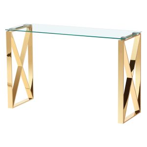 Modern Mishawaka Clear Glass Top Console Table with Stylish Metal Frame in Gold - Sigrid Mills