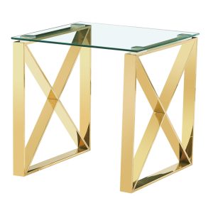 Modern Mishawaka Clear Glass Top Side Lamp Table with Stylish Metal Frame in Gold - Sigrid Mills