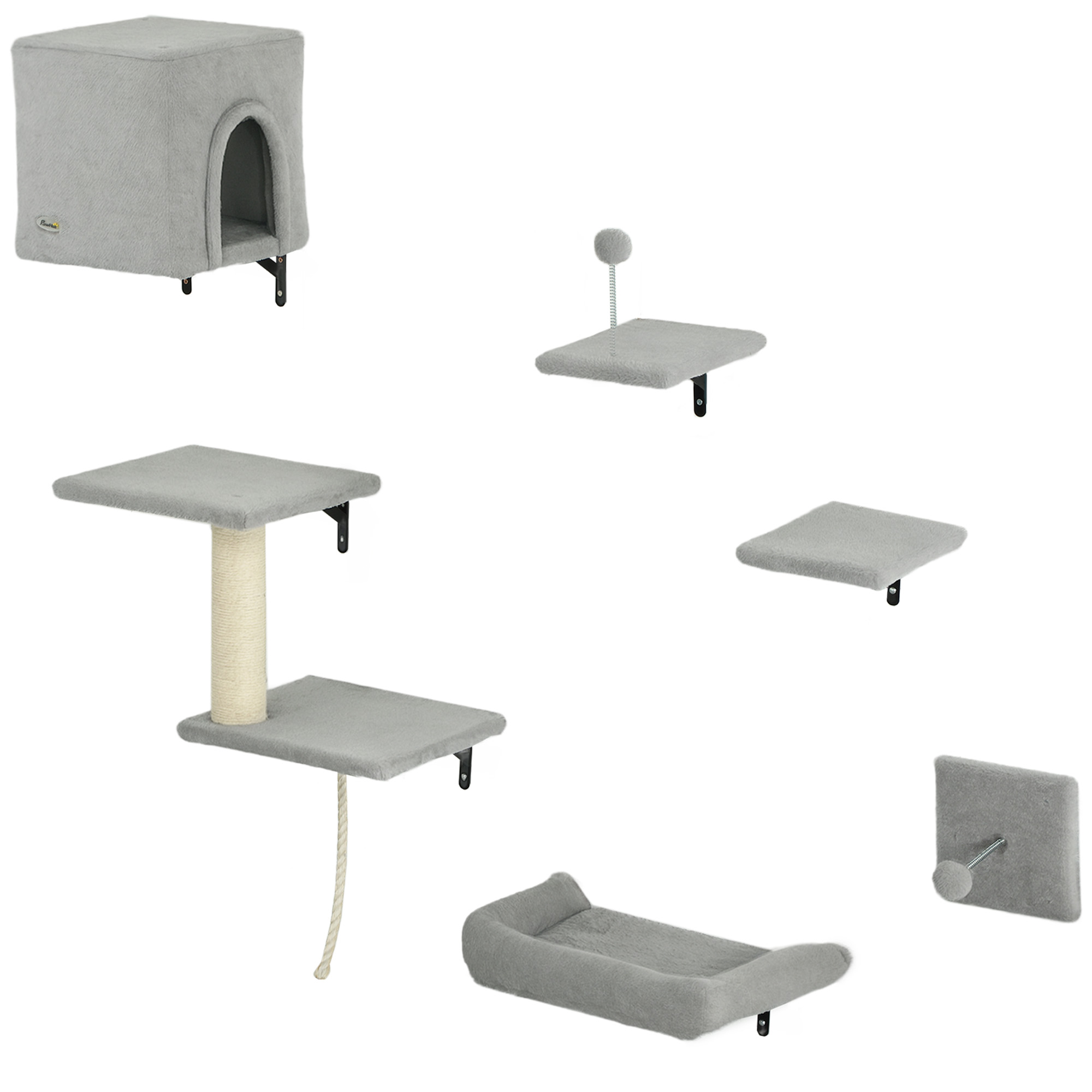 PAWSTER 6 Piece Cat Wall Shelves Set with Condo Grey - Life Essentials
