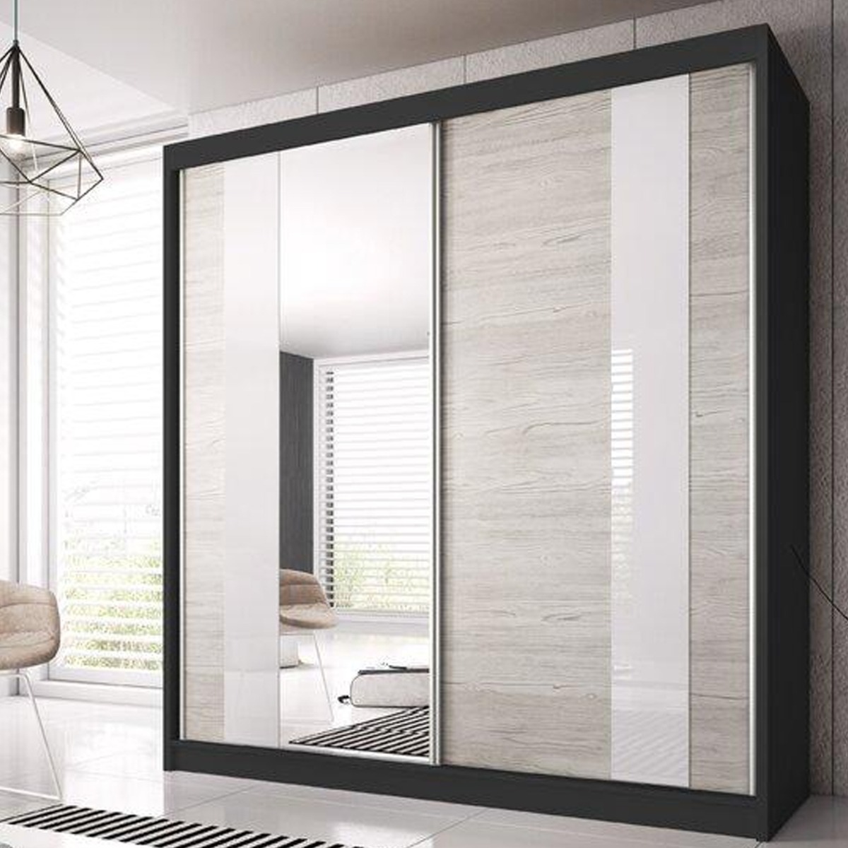 Sliding Wardrobe - MALTA II 2 Door Mirrored Wardrobe Black Matt 183cm - Art Nest