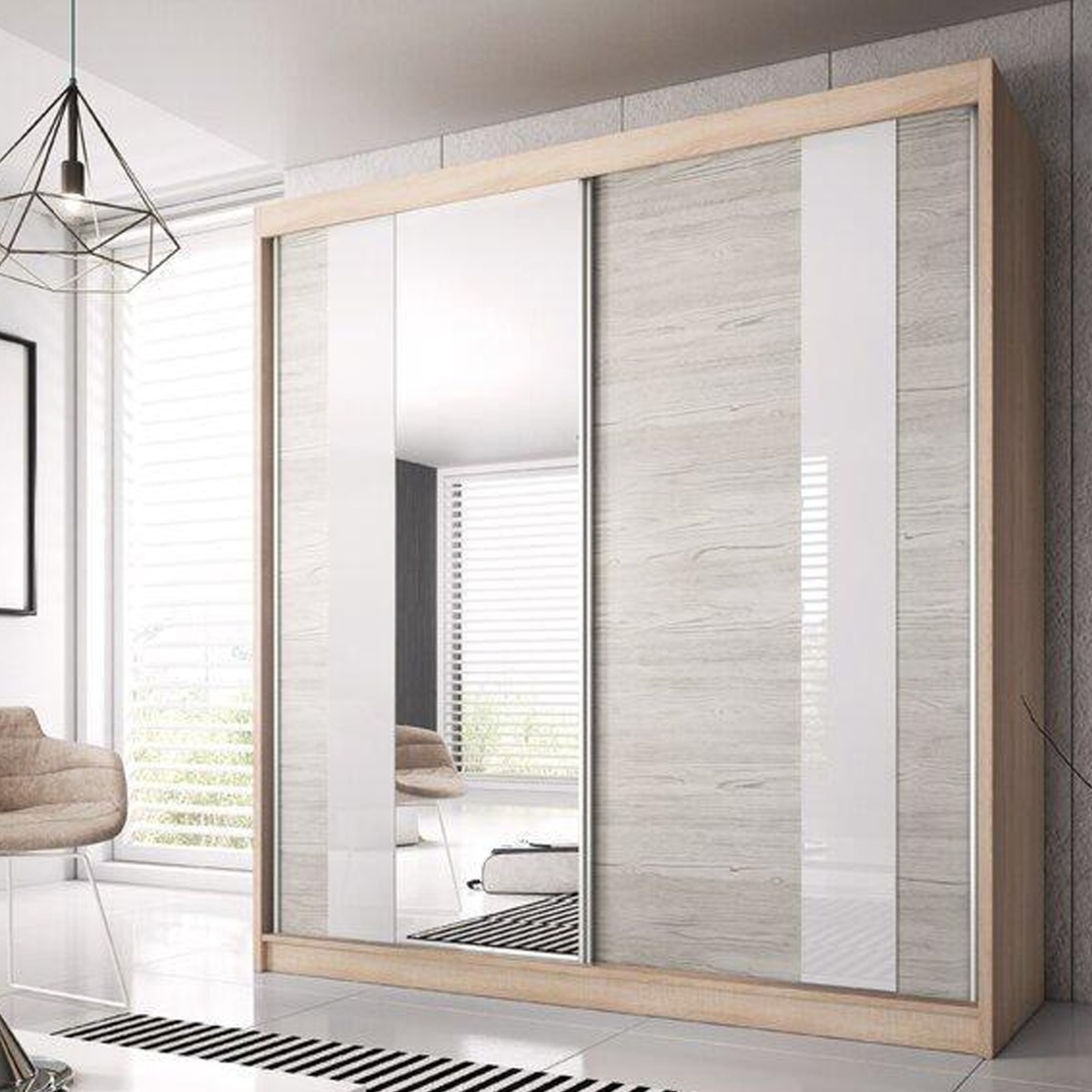 Sliding Wardrobe - MALTA II 2 Door Mirrored Wardrobe Oak Sanoma 183cm - Art Nest