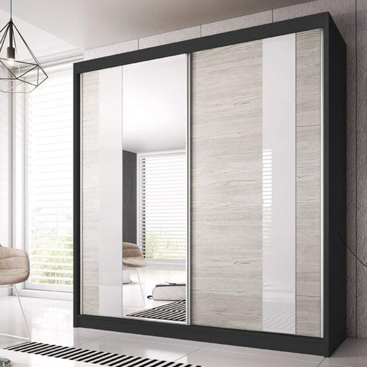 Sliding Wardrobe - MALTA II 2 Door Mirrored Wardrobe Black Matt 233cm - Art Nest