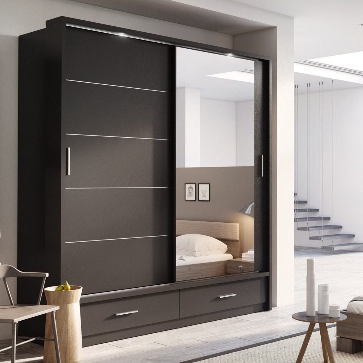 Sliding Wardrobe - IRVINE 2 Door Mirrored Wardrobe Black Matt 200cm - Art Nest