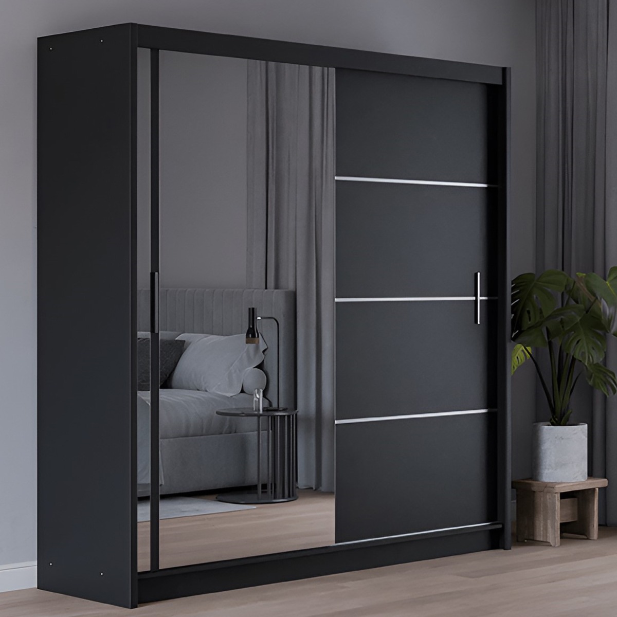 Sliding Wardrobe - BROADLAND 2 Door Mirrored Wardrobe Black 203cm - Avellino & Wells