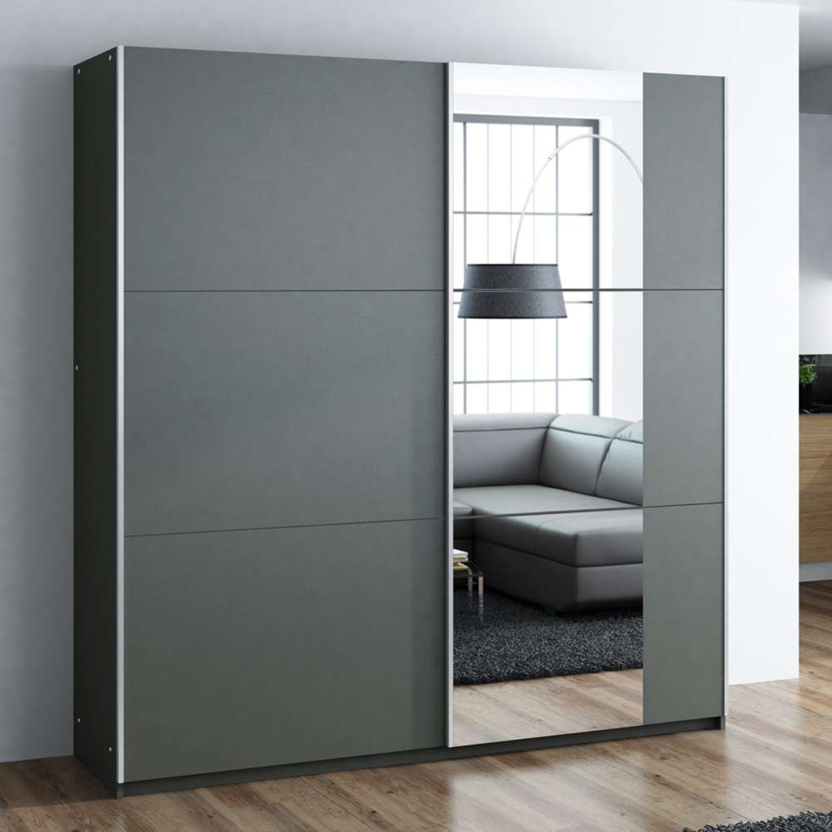Sliding Wardrobe - OLDHAM 2 Door Mirrored Wardrobe Grey 151cm - Avellino & Wells