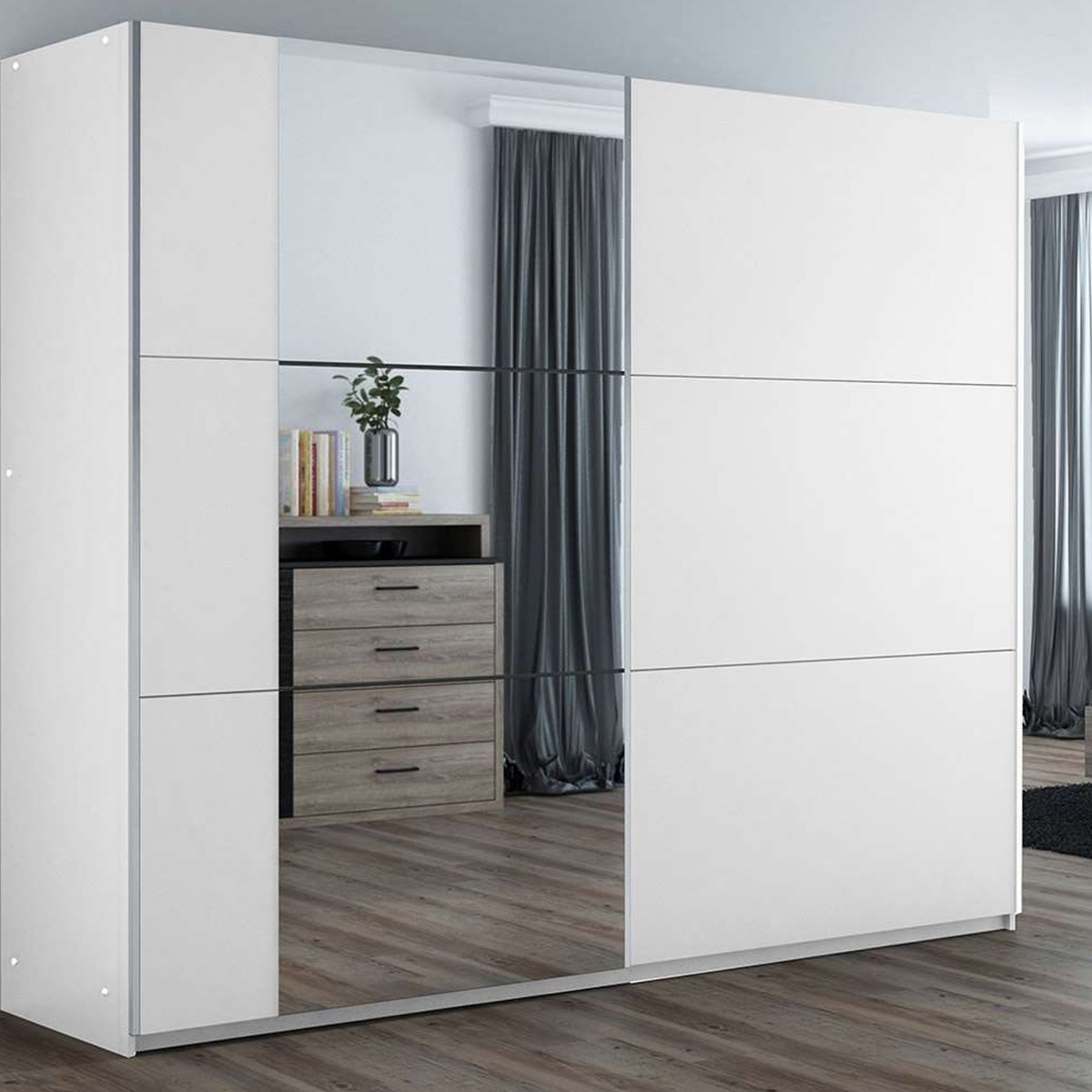 Sliding Wardrobe - OLDHAM 2 Door Mirrored Wardrobe White 200cm - Avellino & Wells
