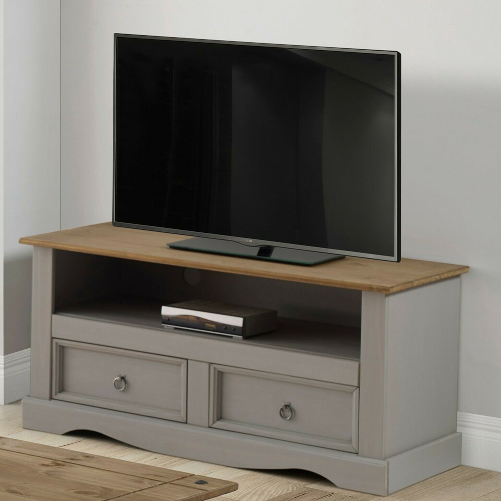 Corona Solid Pine TV Unit - Grey Wax - Bedroom & More