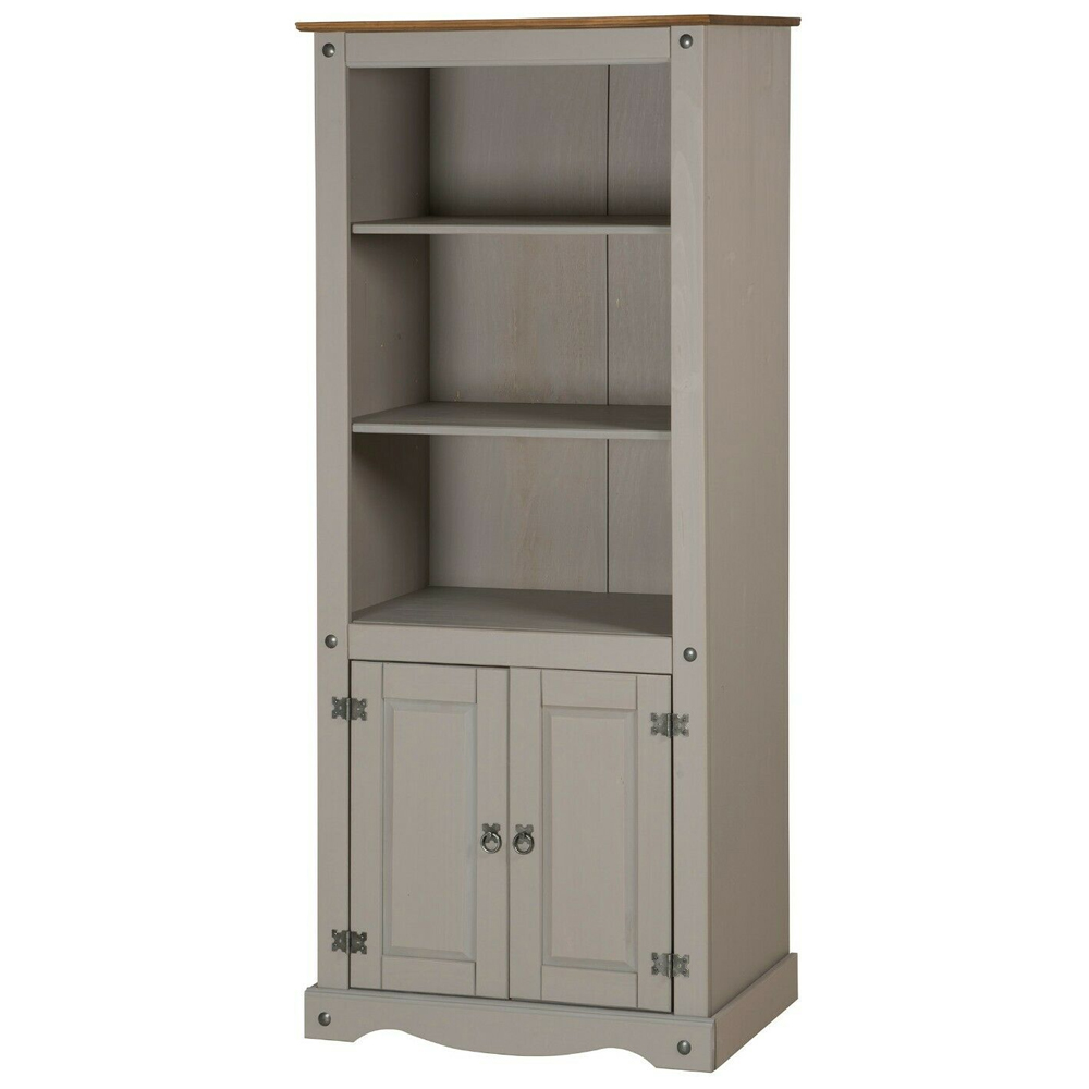 Corona Solid Pine Bookcase 2 Door Cabinet - Grey Wax - Bedroom & More