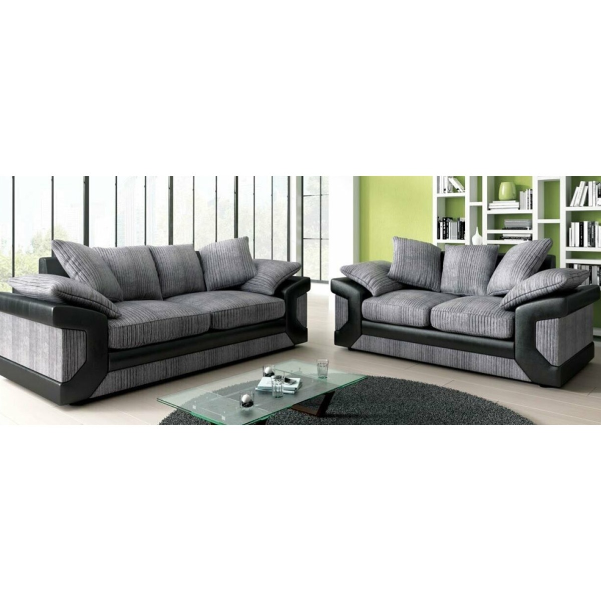 Swansea Jumbo Cord 3 Seater and 2 Seater Sofa Set - Black and Grey - Home Done