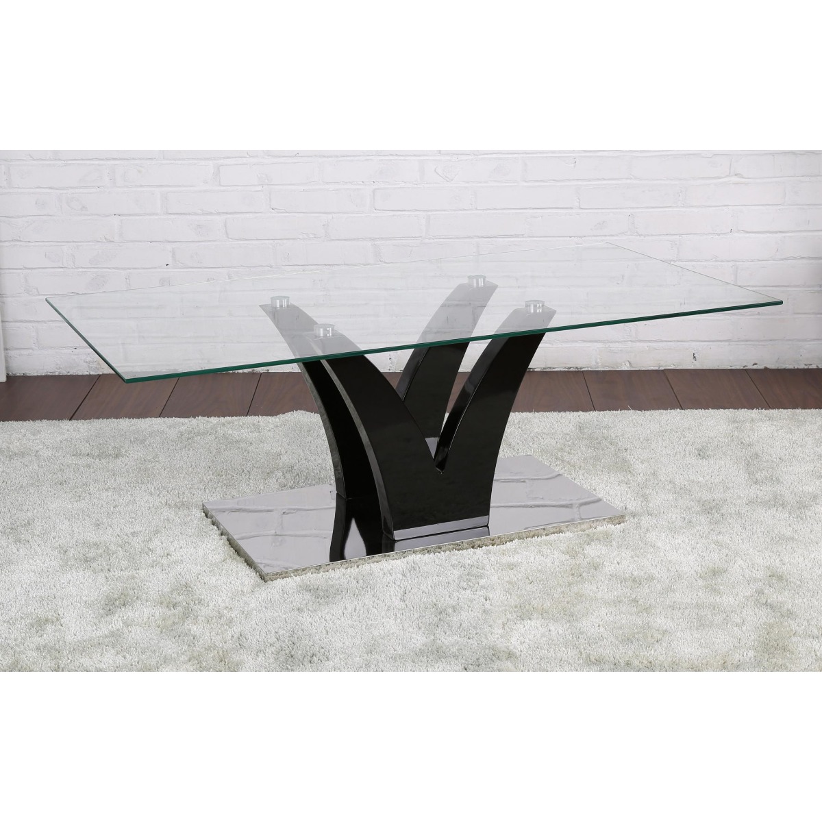 Contemporary Brilliance Climax Glass Top Coffee Table with Black High Gloss and Stainless Steel Base - Sigrid Mills