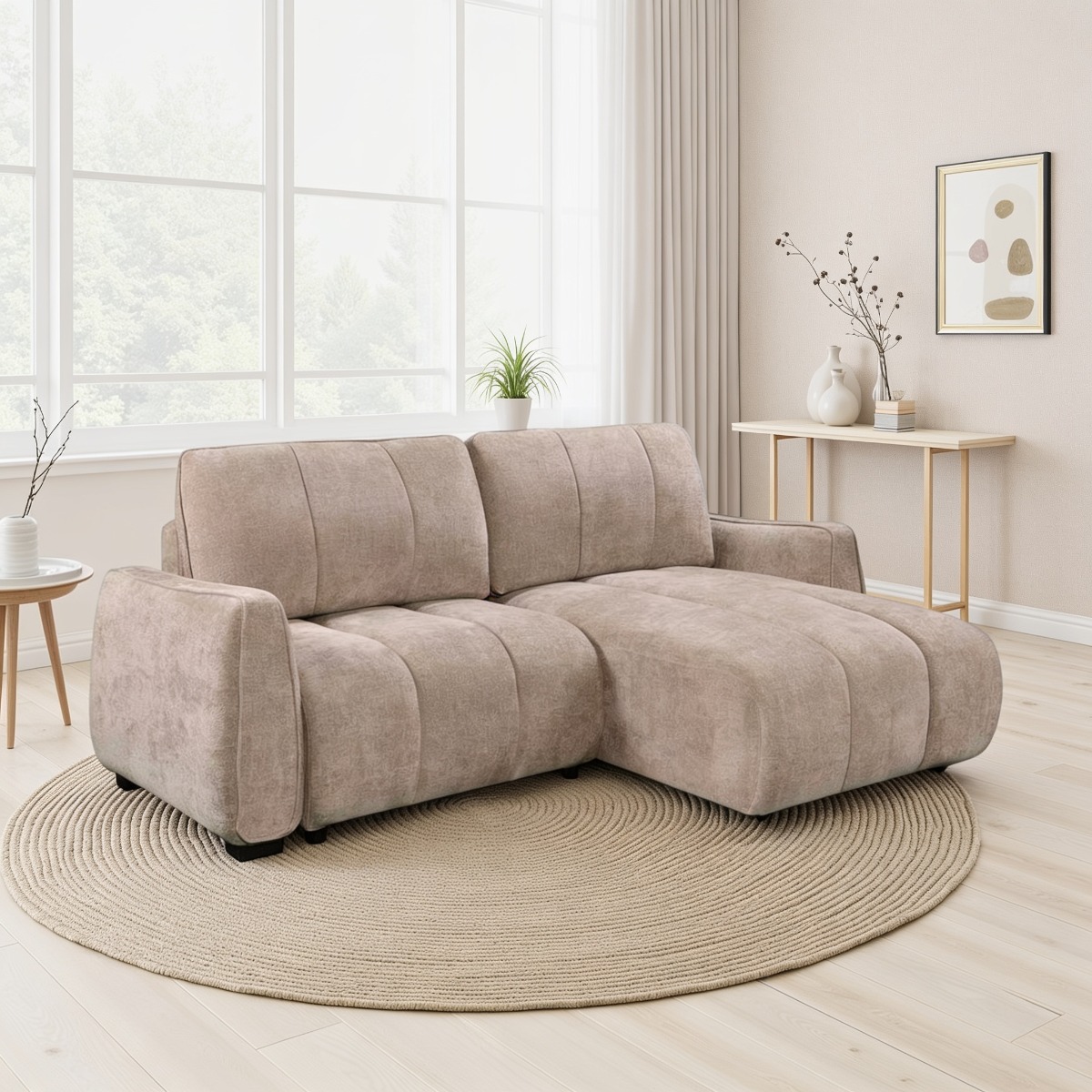 DAVERLEY Fabric 2 Seater L Shaped Corner Sofa Bed - Reversible Facing - Beige