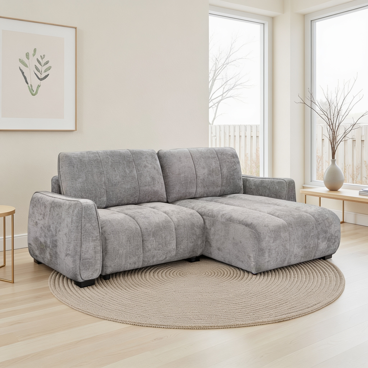 DAVERLEY Fabric 2 Seater L Shaped Corner Sofa Bed - Reversible Facing - Grey