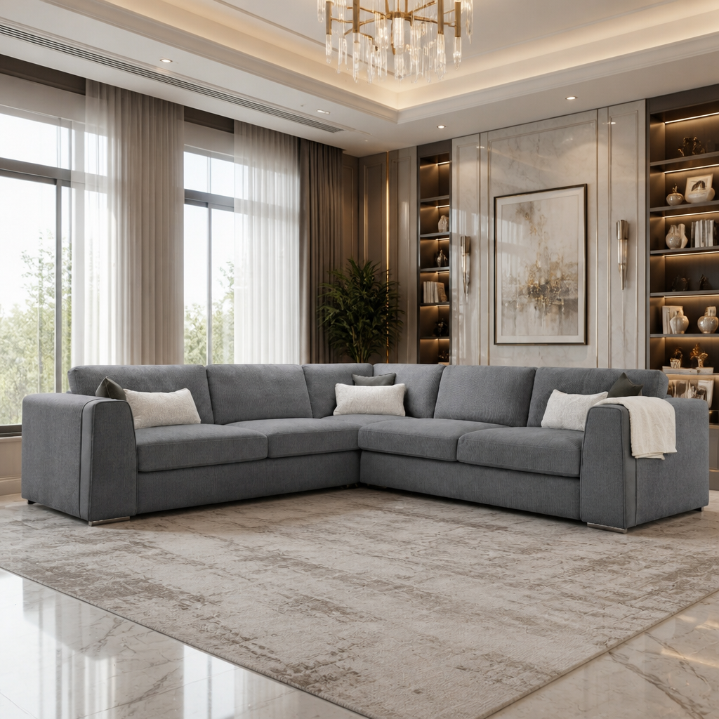 CANTRELL Chenille Fabric Large Corner Sofa - L Shaped - Grey