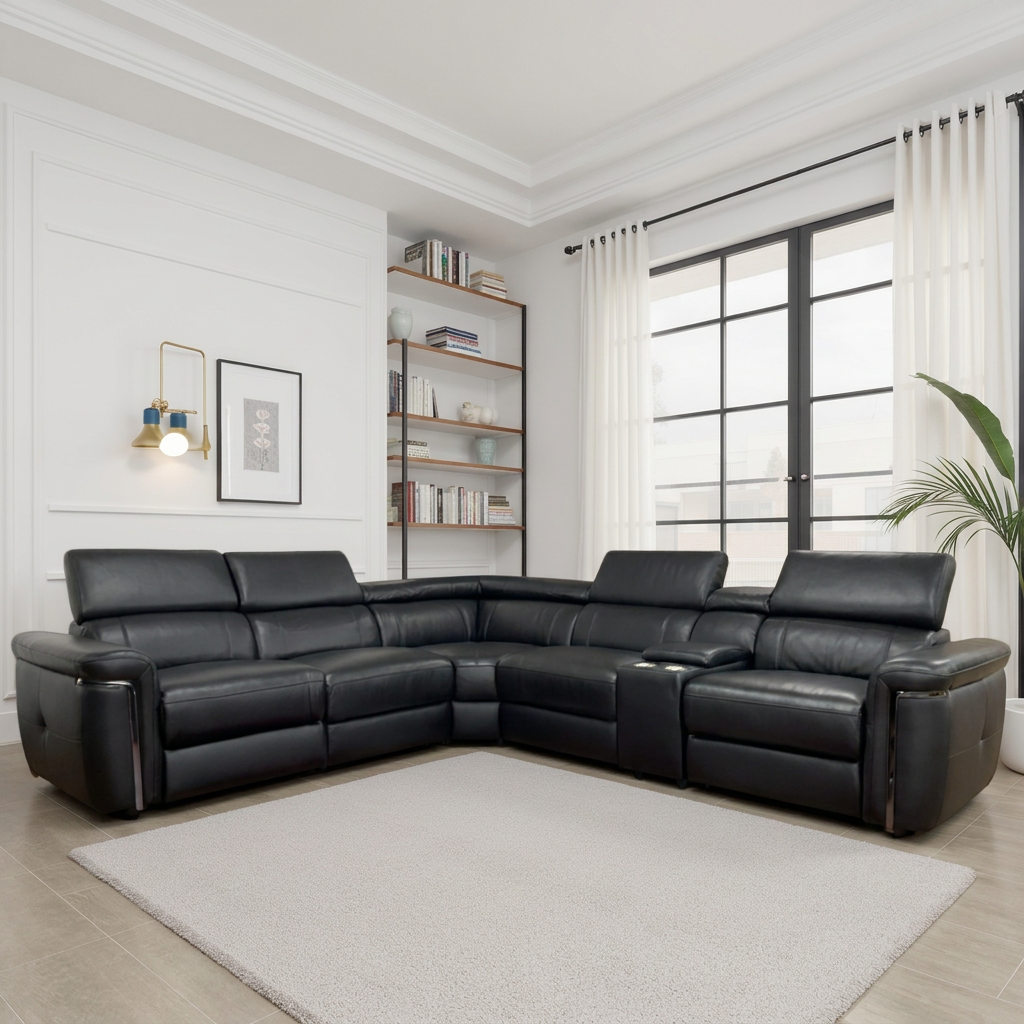 BREVELLO Leather 5 Seater L Shaped Electric Recliner Corner Sofa - Black