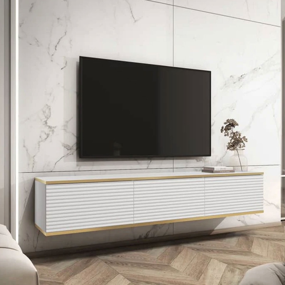 Obsidian Zenyx Floating TV Cabinet with 3 Doors - White - Art Nest