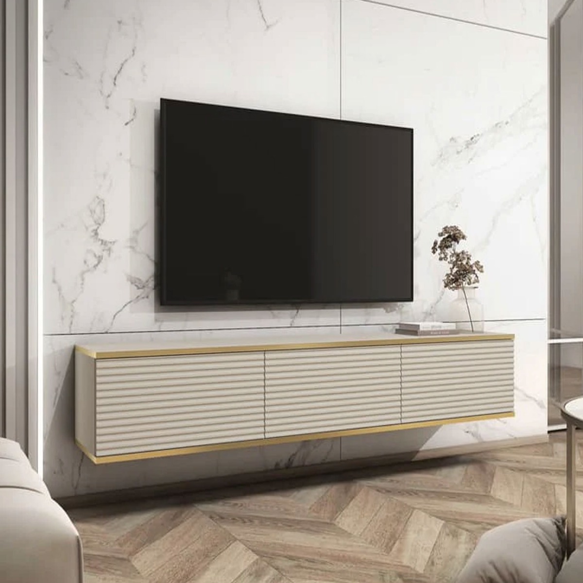 Obsidian Zenyx Floating TV Cabinet with 3 Doors - Beige - Art Nest