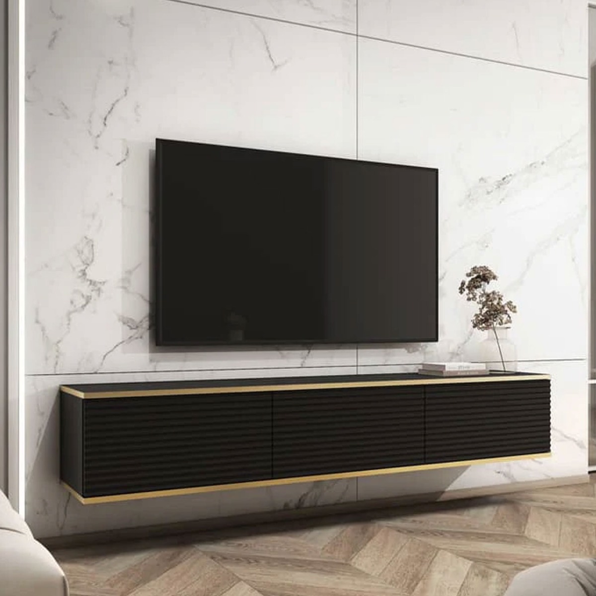 Obsidian Zenyx Floating TV Cabinet with 3 Doors - Black - Art Nest