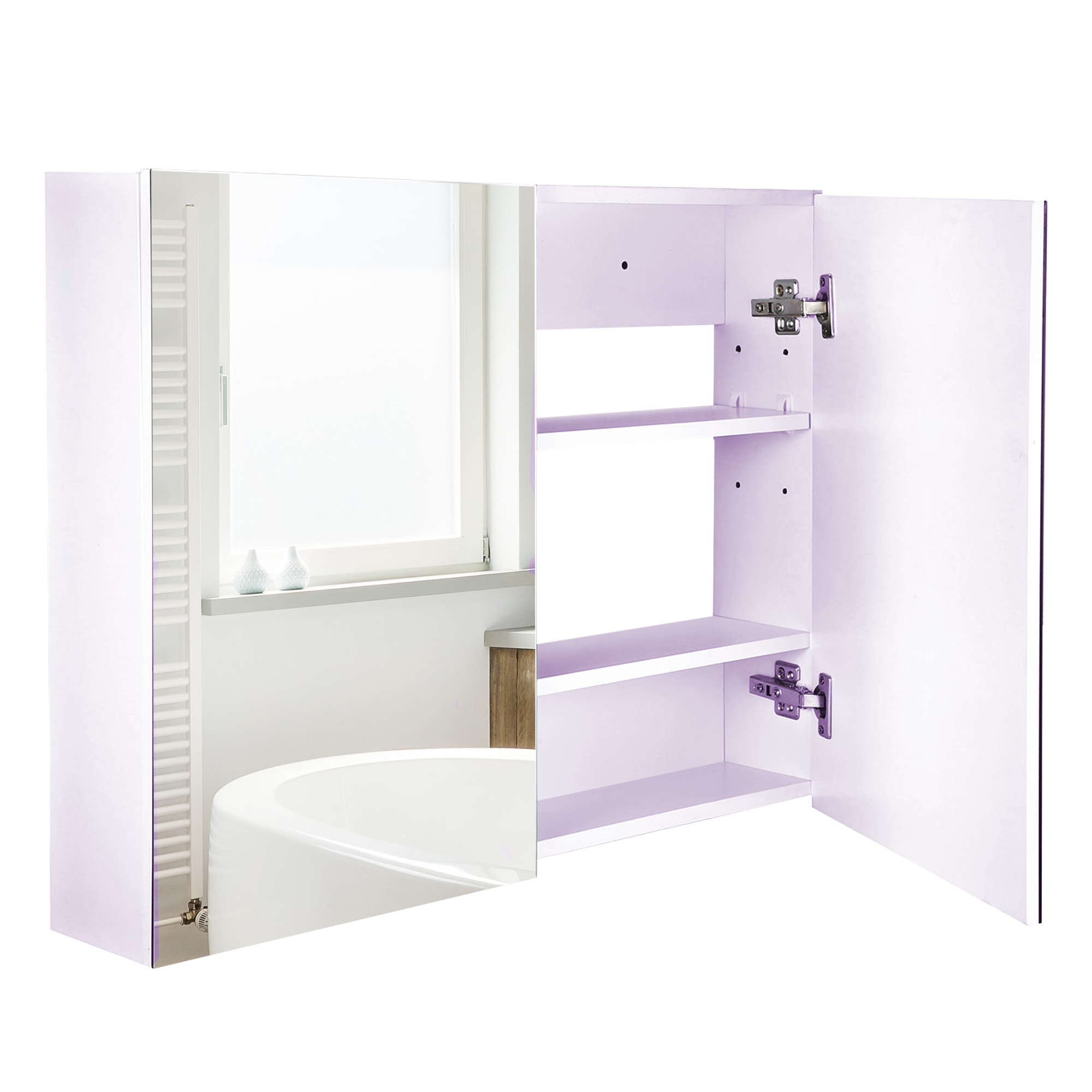 Double Door Wall Mounted Glass Mirror Cabinet Modern Storage Unit Bathroom Shelf Organiser Waterproof Wooden Frame 80Lx60Hx15D(cm) - Life Essentials