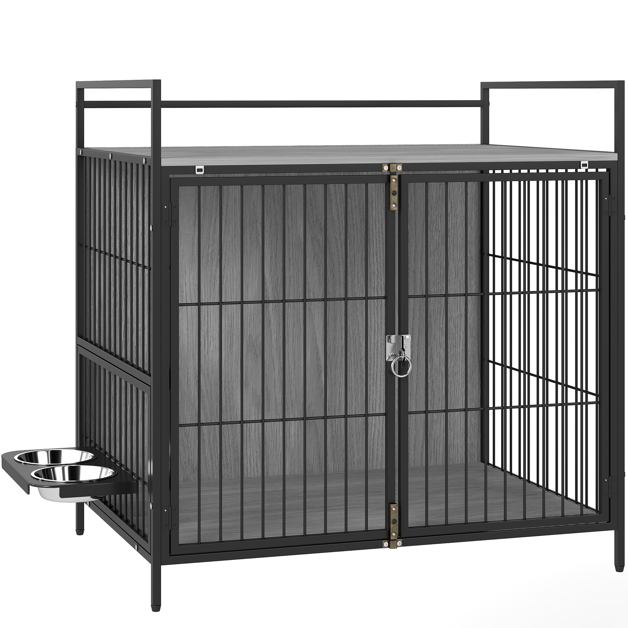 PAWSTER Dog Crate Furniture with Rotating Bowl Holder Grey - Life Essentials