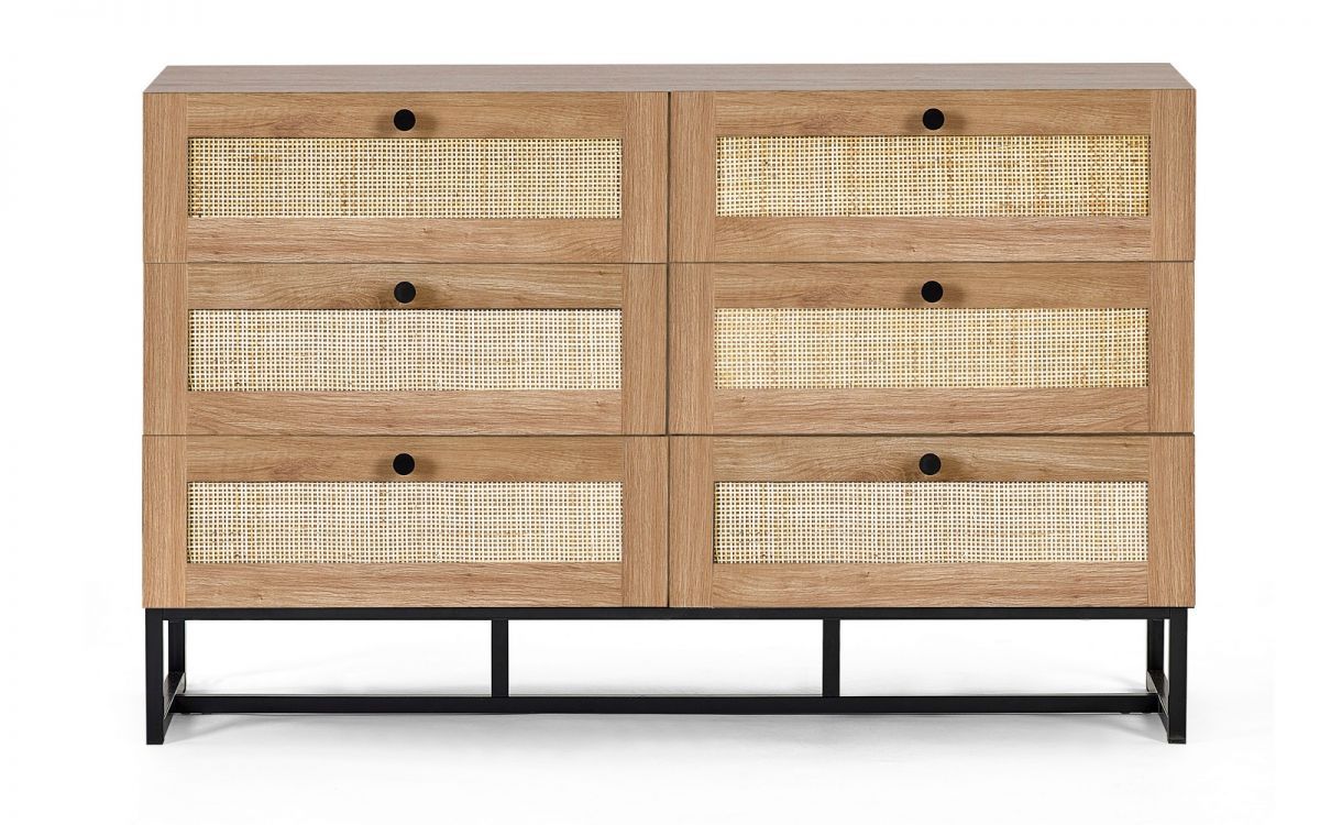 PETERLEE Oak Finish Rattan Chest of Drawers - Large-sized, 6 Drawers, Double - JB Collections
