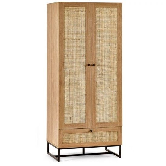 Wardrobe - PETERLEE 2 Door Rattan Wardrobe Oak 80cm - JB Collections