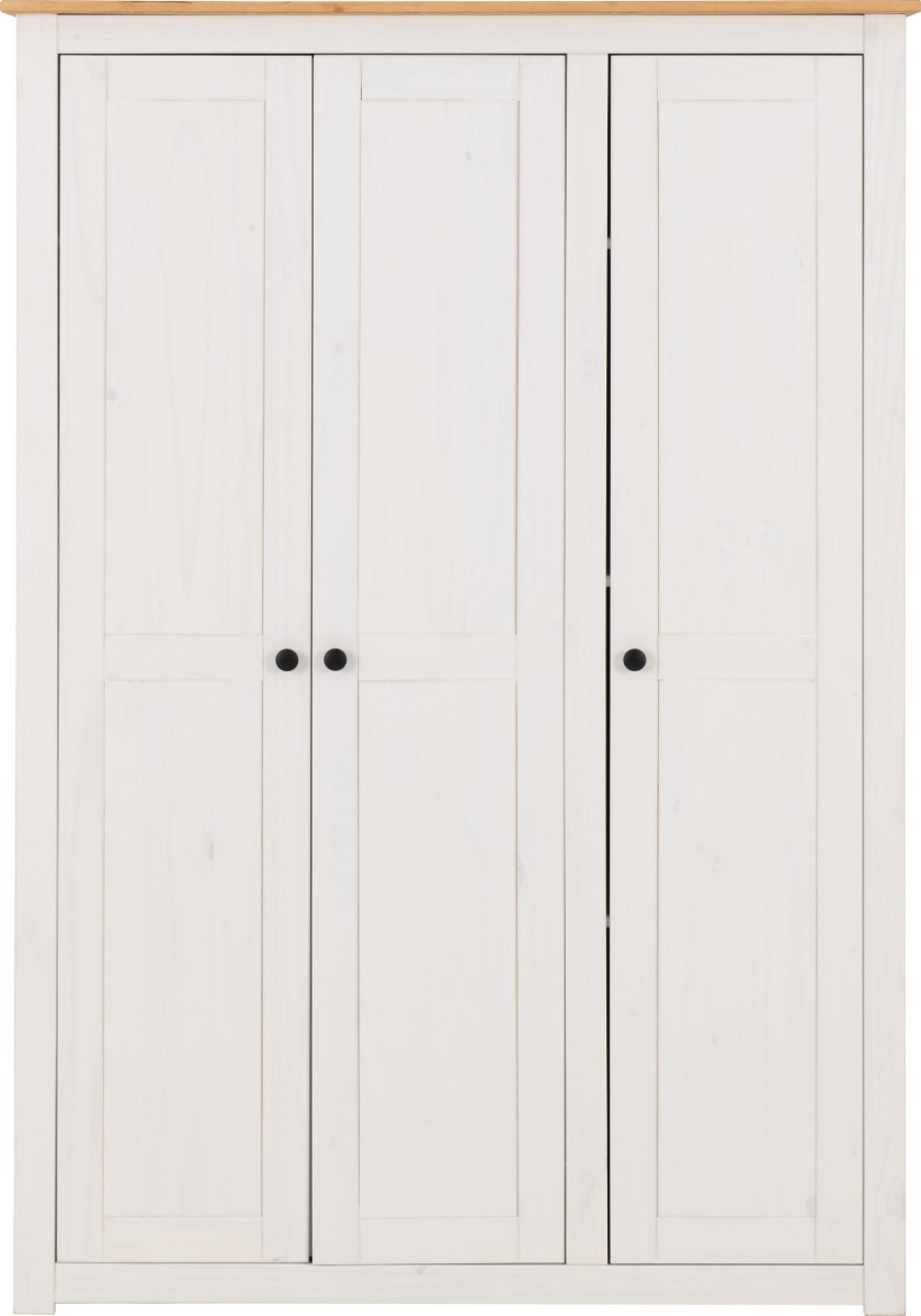 Wardrobe - PRESTON 3 Door Wardrobe White Natural Wax 118cm - Budget Deals