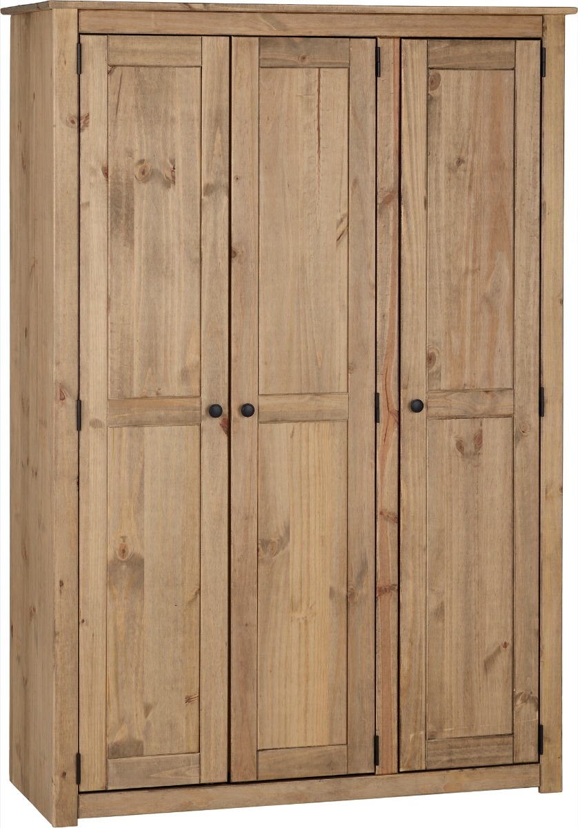 Wardrobe - PRESTON 3 Door Wardrobe Natural Wax 118cm - Budget Deals