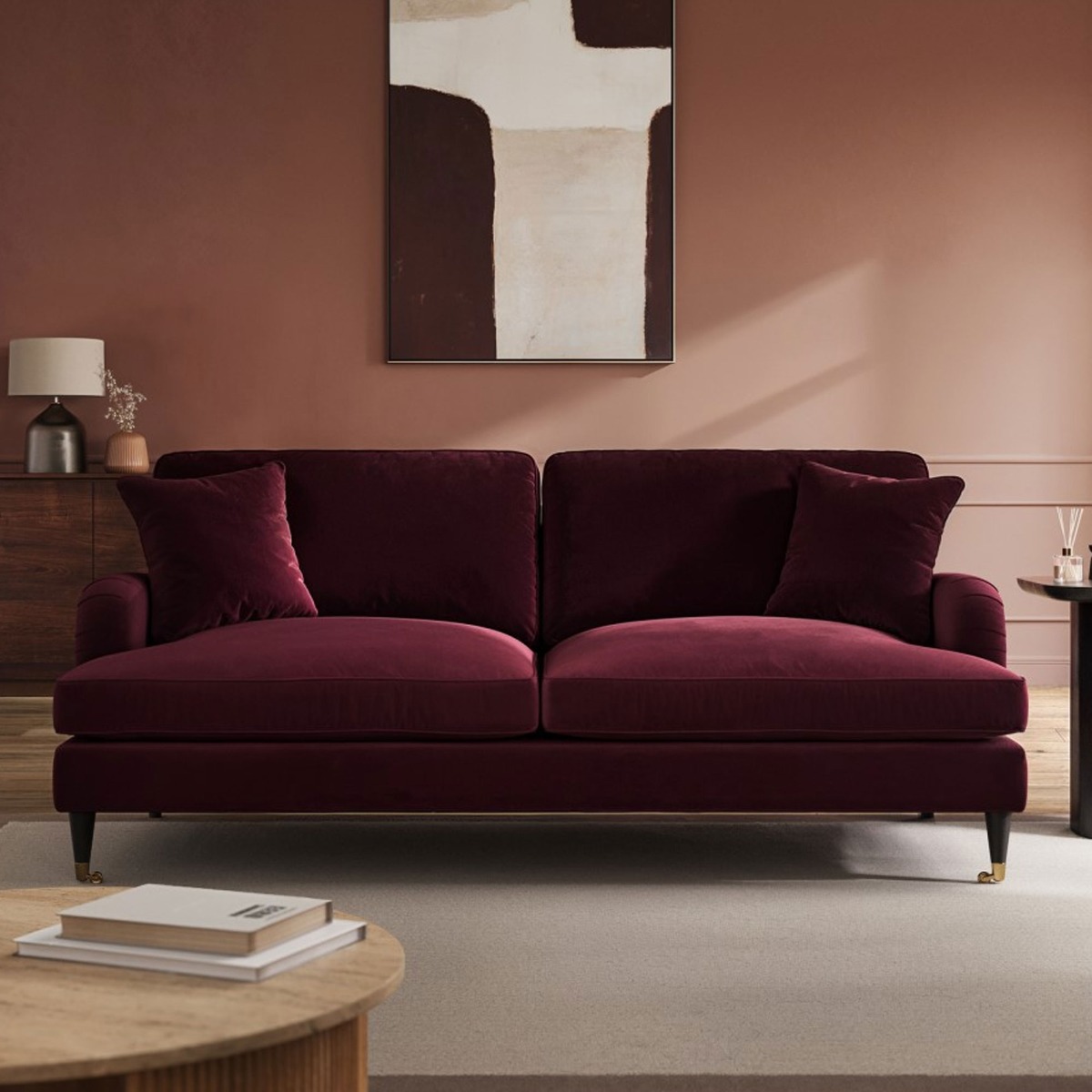 PAYTON Velvet 3 Seater Sofa - Burgundy - Home Done