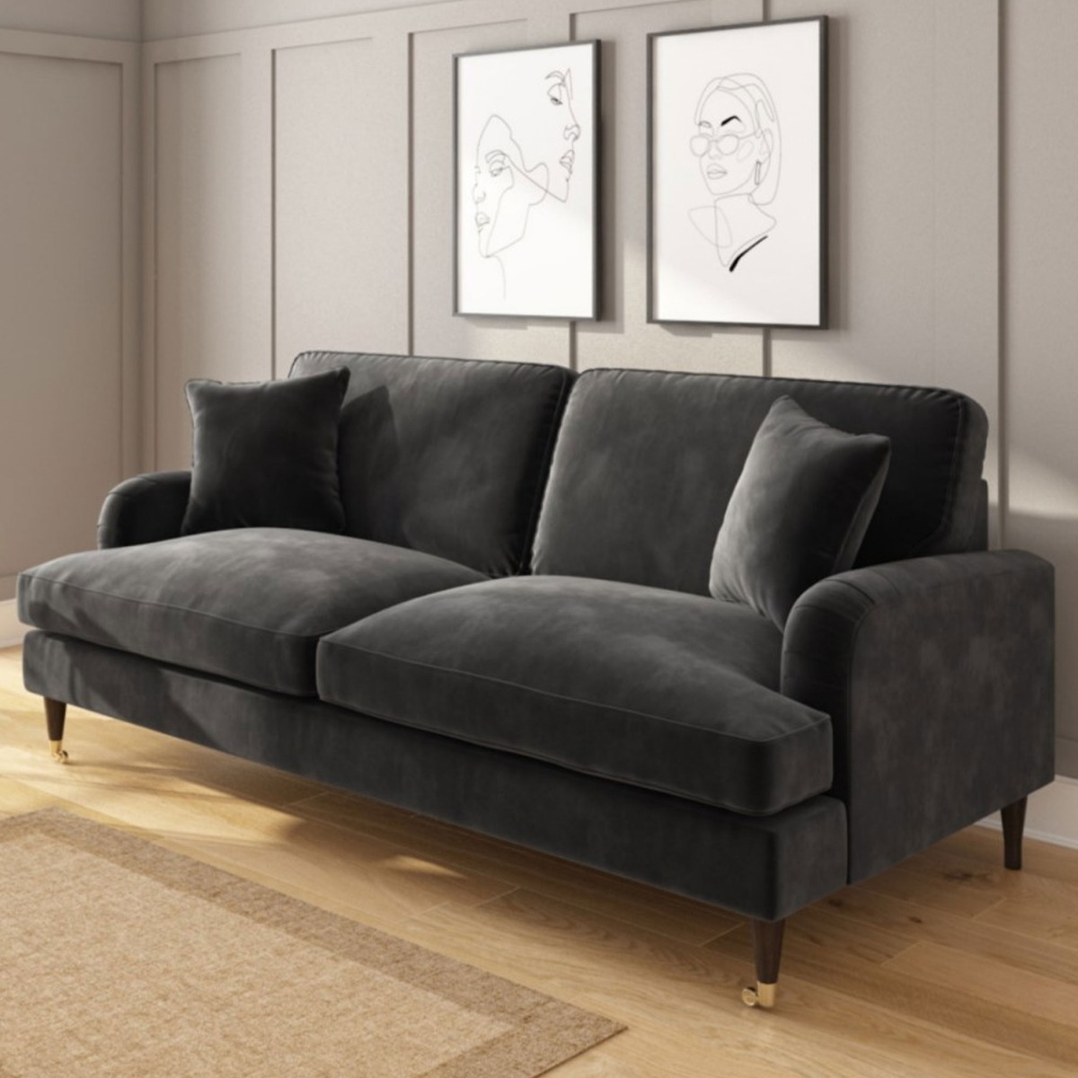 PAYTON Velvet 3 Seater Sofa - Dark Grey - Home Done
