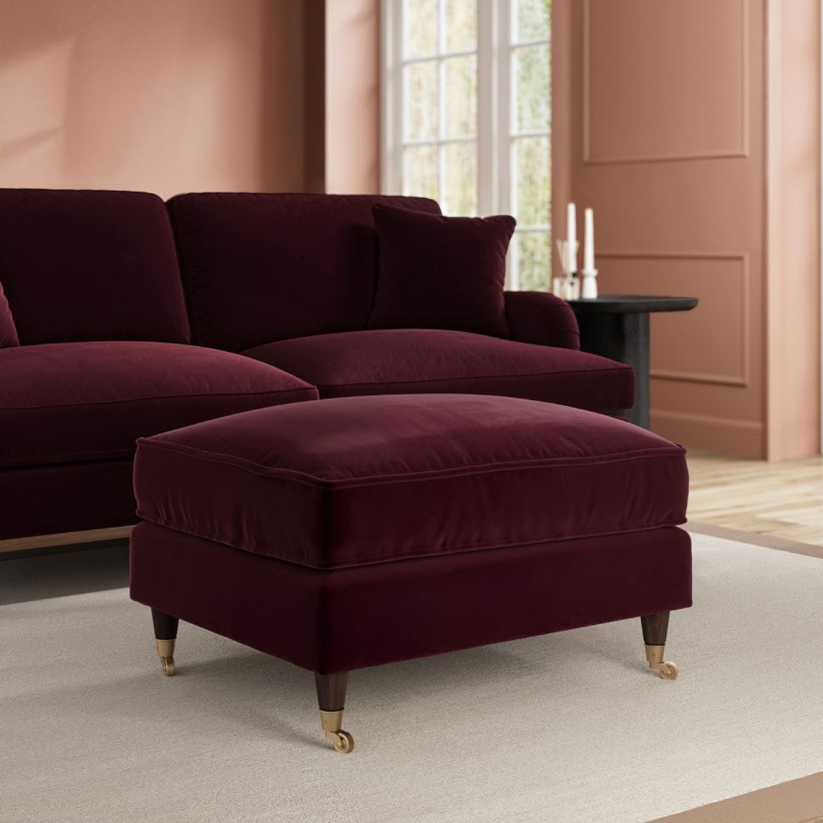 PAYTON Velvet Large Footstool - Burgundy - Home Done