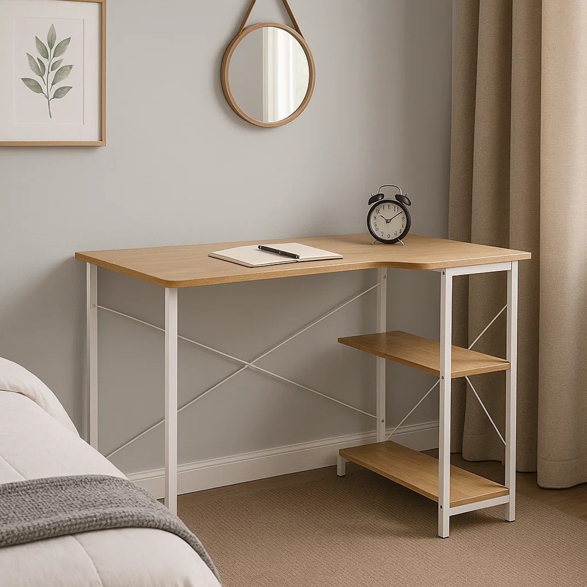 VANTORA Computer Desk L-Shaped Office Workstation with Shelves - Light Oak and White - The Urban Forge