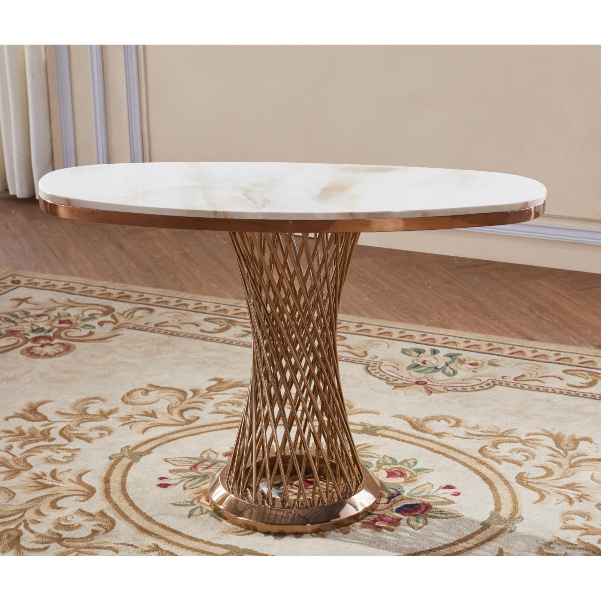 Fontana Luxe Natural Stone Marble Effect Console Table with Stainless Steel in Rose Gold Base - Sigrid Mills