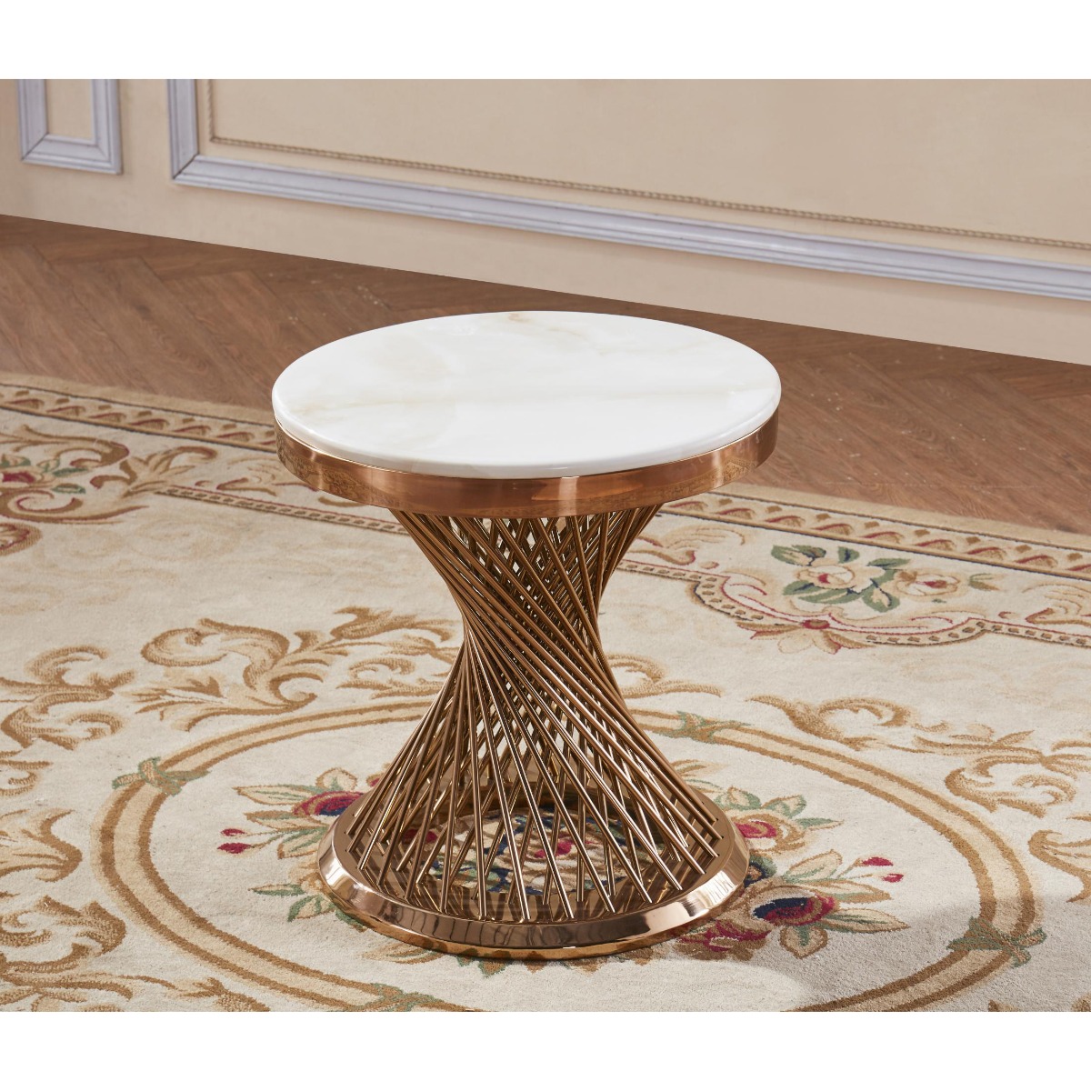 Fontana Luxe Natural Stone Round Marble Effect Lamp Table with Stainless Steel in Rose Gold Base - Sigrid Mills