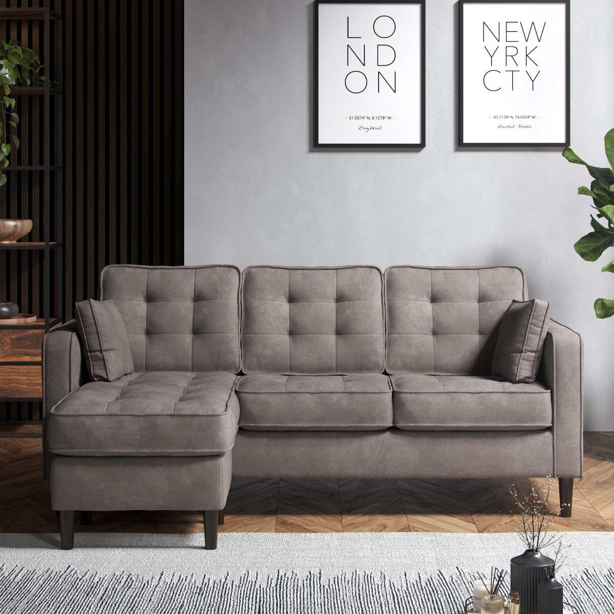 DREXTON Fabric 4 Seater Corner Sofa - L Shaped - Reversible Facing - Pewter