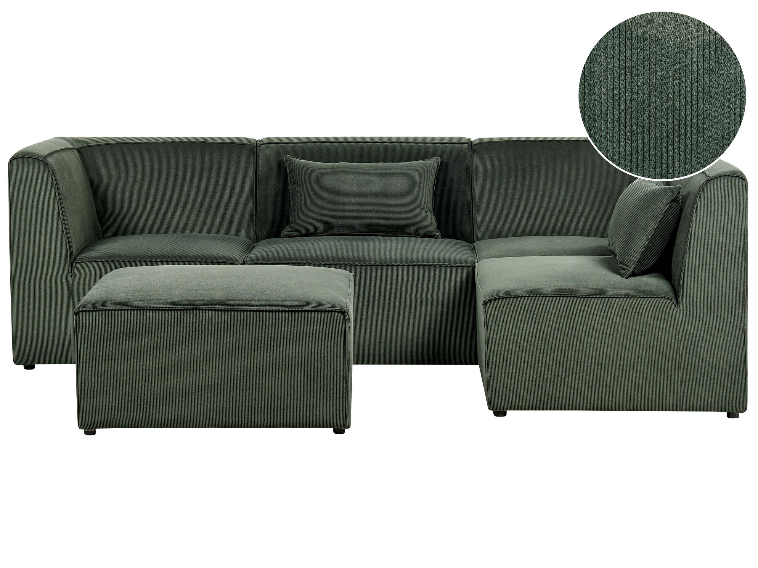 LEABRIDGE Corduroy Fabric 4 Seater L Shaped Corner Sofa - Dark Green, Right Hand Facing - Gemini Interiors
