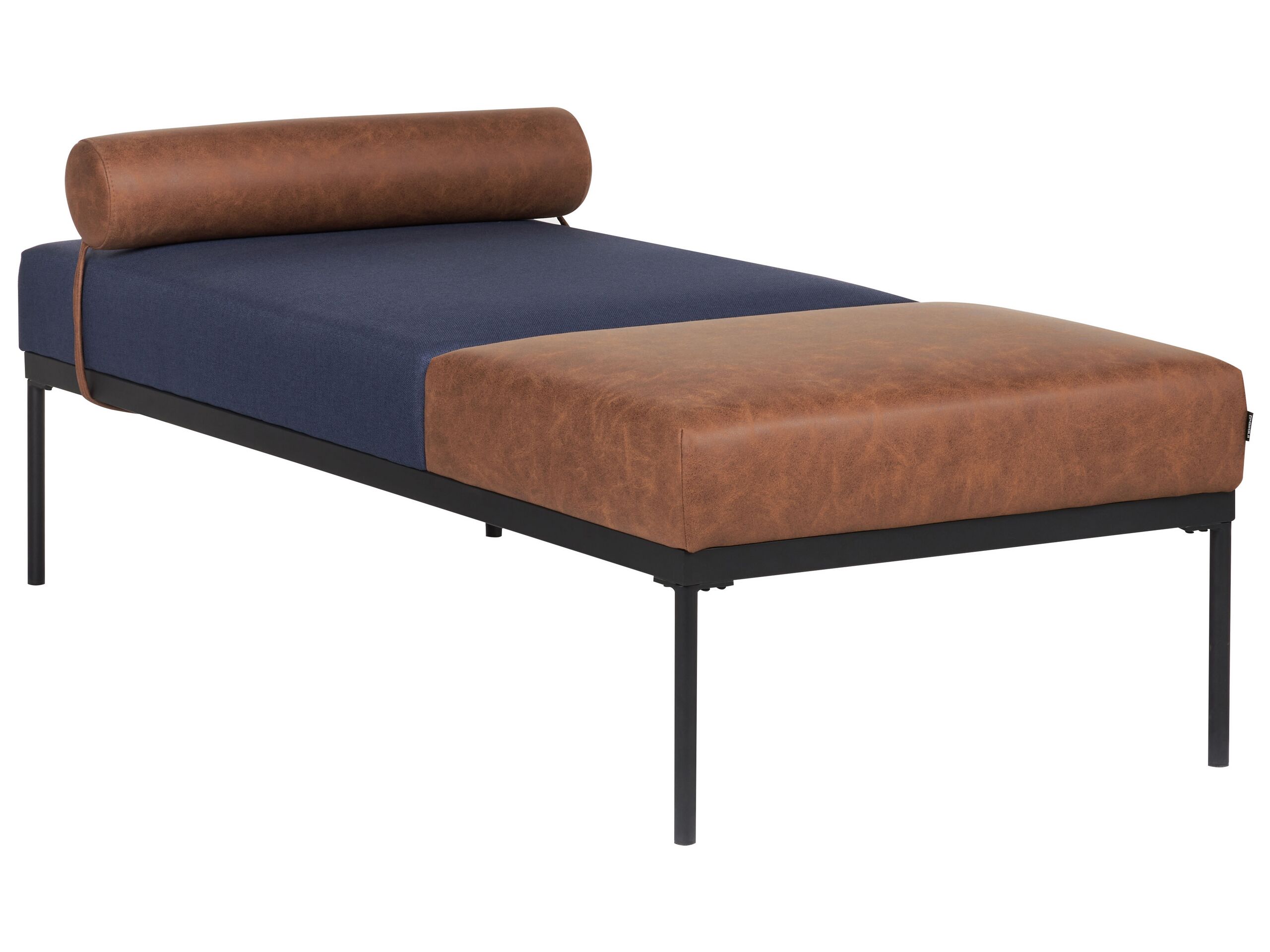Faux Linen/Faux Leather Chaise Lounge Dark Blue and Brown MALMOS - Gemini Interiors