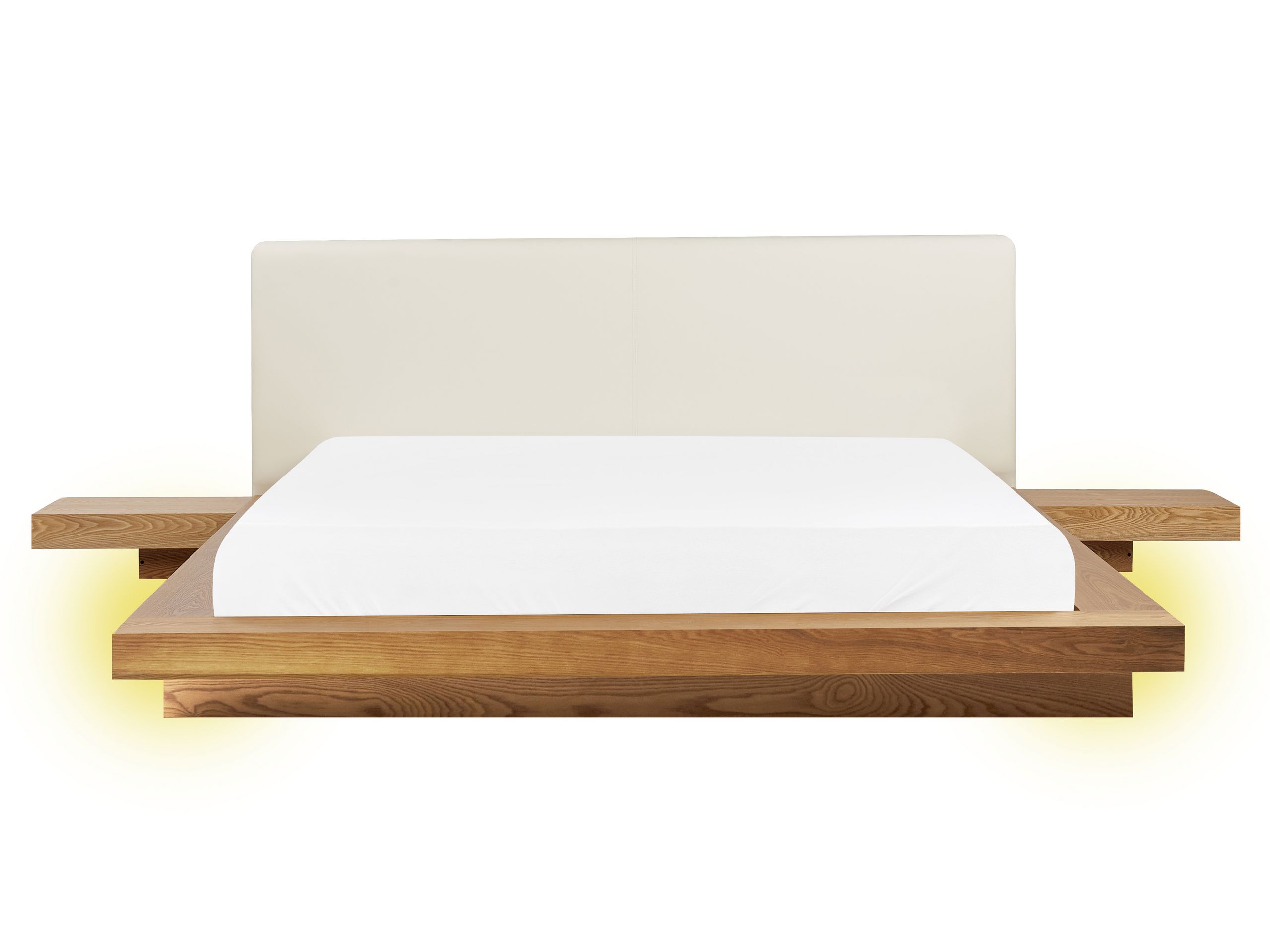 KEWI Bedframe with LED Faux Leather 160 x 200cm EU Kingsize Bed Natural Ash Wood - Gemini Interiors
