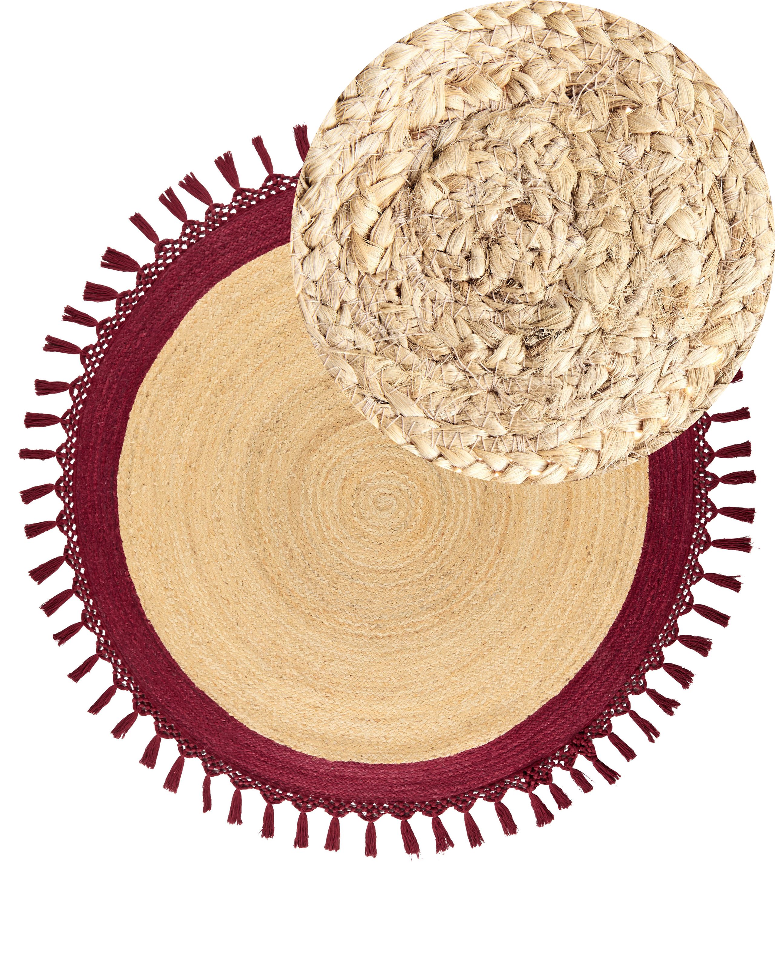 Round Jute Area Rug Diameter 140 cm Beige and Red MARTS - Gemini Interiors