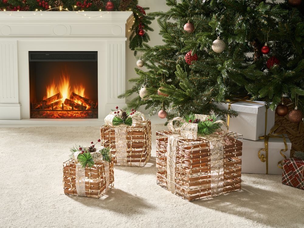 TISSONA Set of 3 LED Light Up Christmas Gift Boxes Decoration Square - Brown - Gemini Interiors