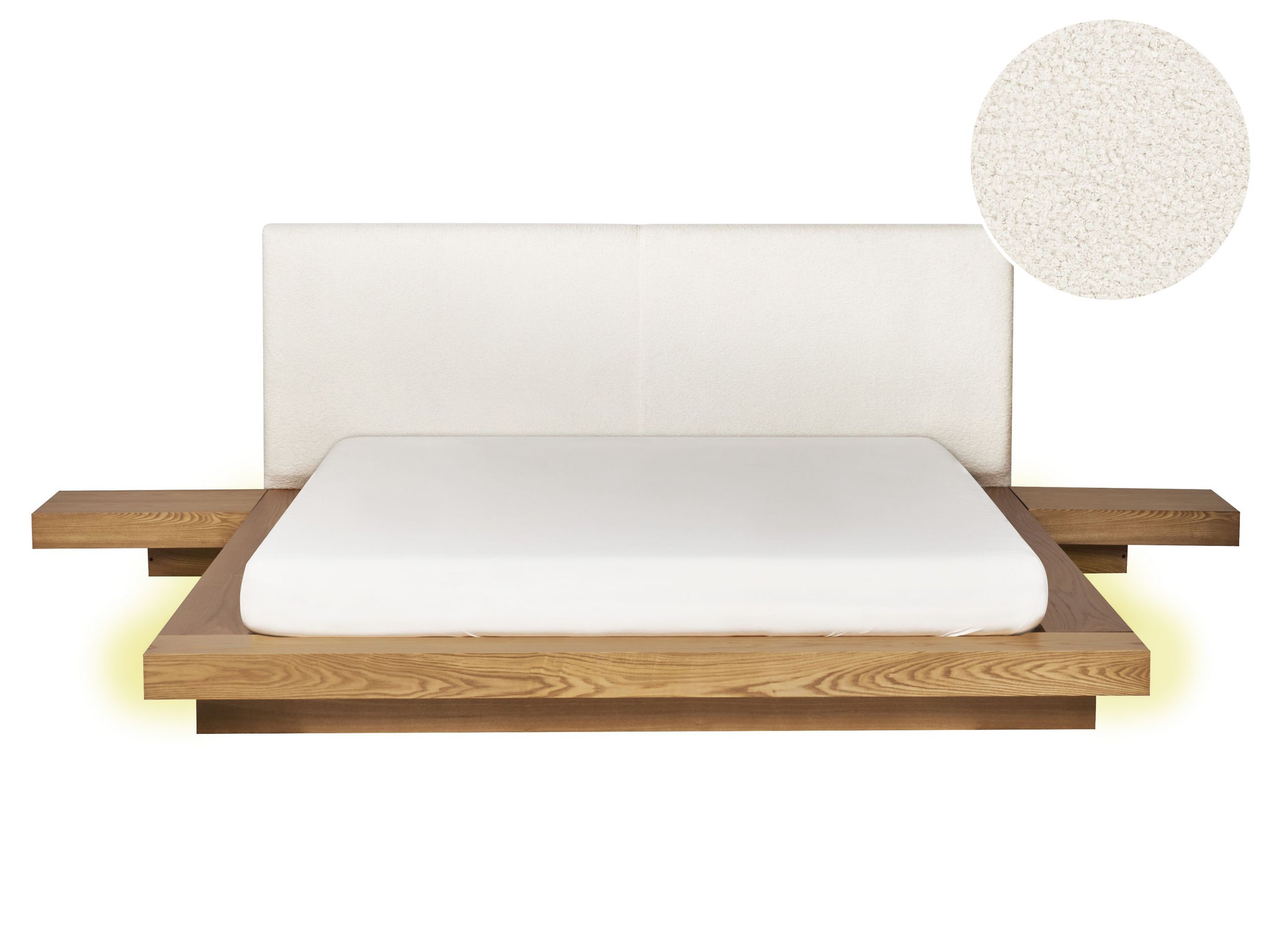 KEWI Bedframe with LED Boucle 160 x 200cm EU Kingsize Bed Natural Ash Wood - Gemini Interiors