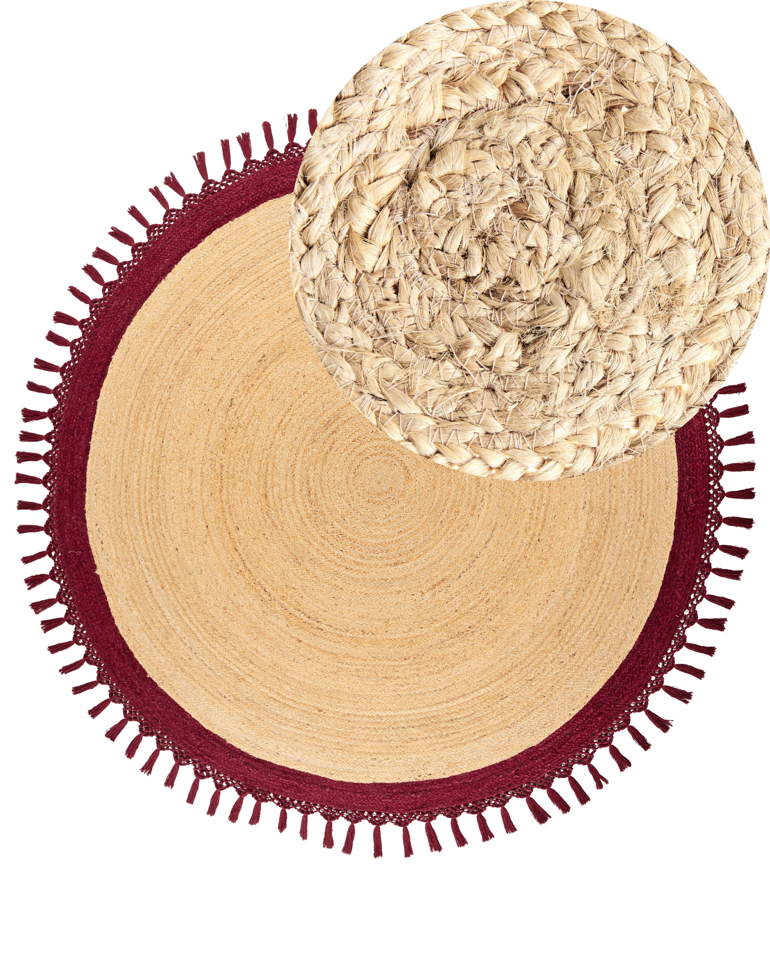 Round Jute Area Rug Diameter 200 cm Beige and Red MARTS - Gemini Interiors