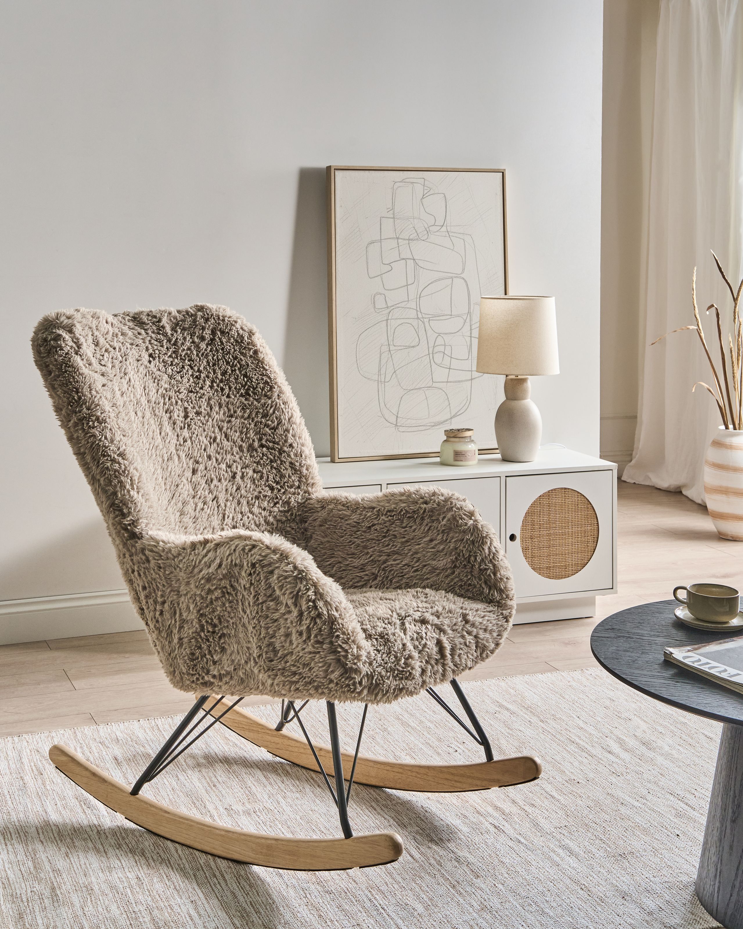 NAVERO Faux Fur Rocking Chair - Taupe - Gemini Interiors